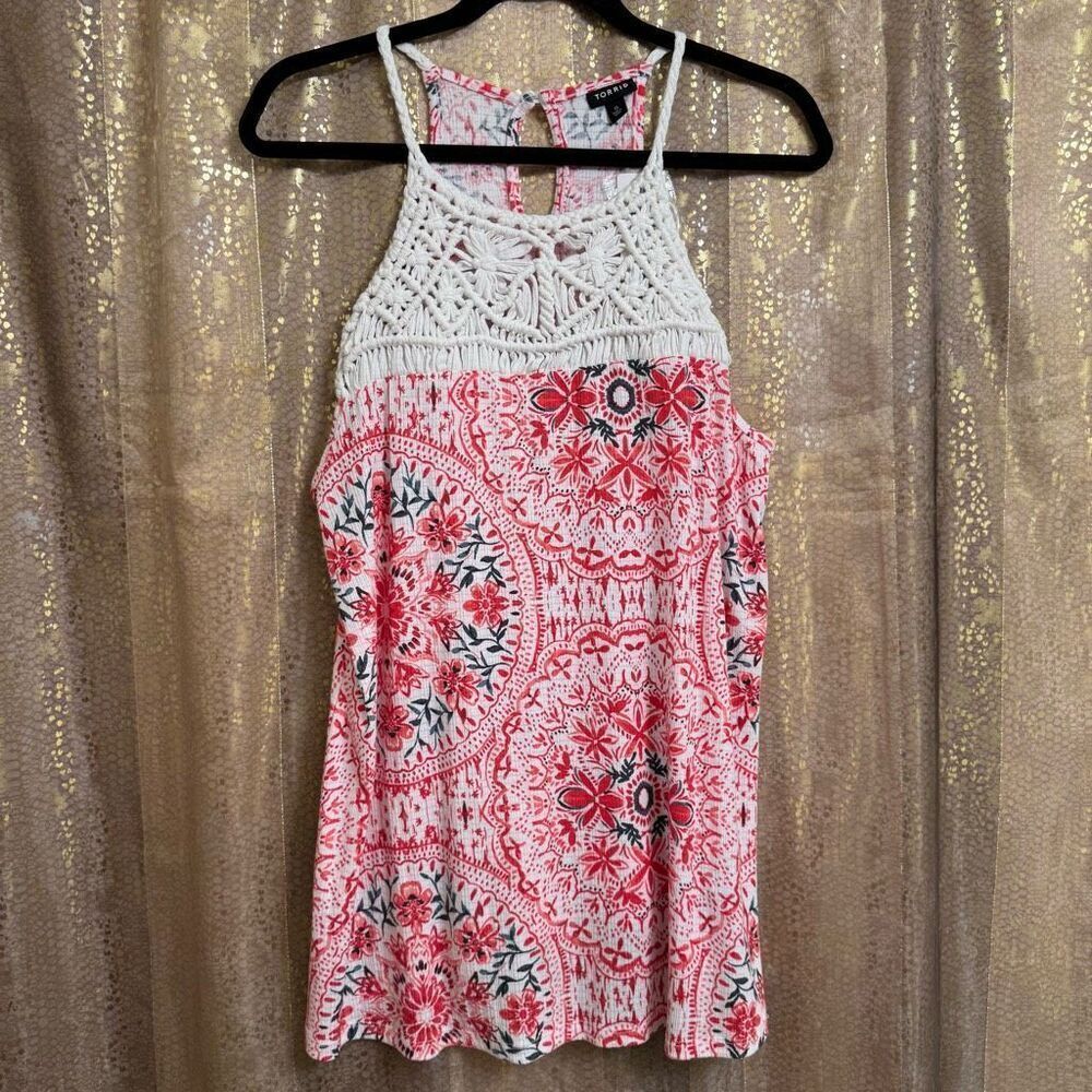 Torrid Red Ivory Knit Macramé High Neck Boho Print Tank Size 0‎ Large NWT